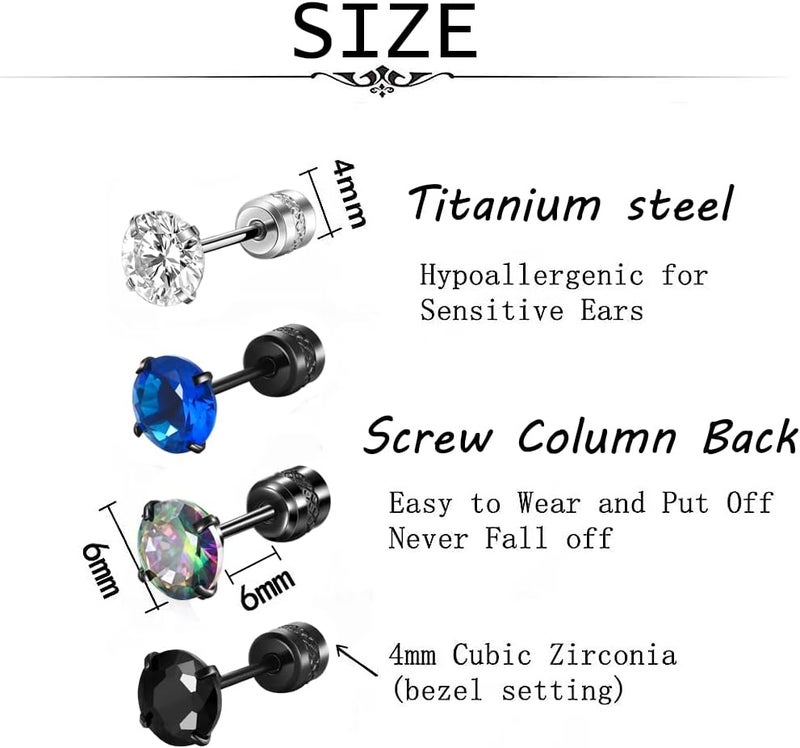 SIISPRI 4 Pairs Titanium Screw Back Surgical Stainless Steel Stud Earrings for Women Men 20G. Rainbow 5A Cubic Zirconia Studs Double Side Earrings Piercing Sleeper Studs Jewelry 6mm - Image 2